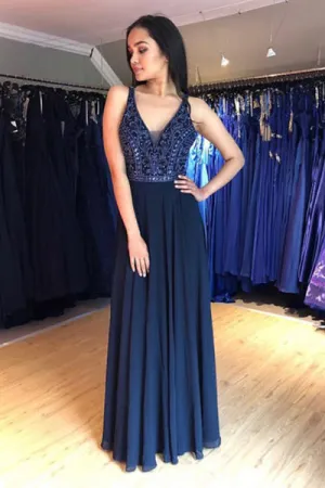 A-Line V-Neck Lace Up Navy Blue Chiffon Long Prom Dress with Beading D015
