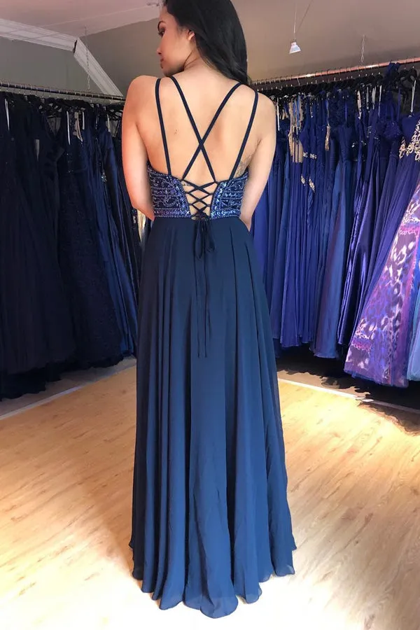 A-Line V-Neck Lace Up Navy Blue Chiffon Long Prom Dress with Beading D015