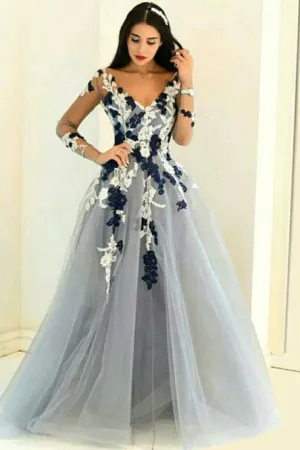 A-Line V-Neck Long Sleeves Grey Tulle Prom Dress with Appliques OHC097