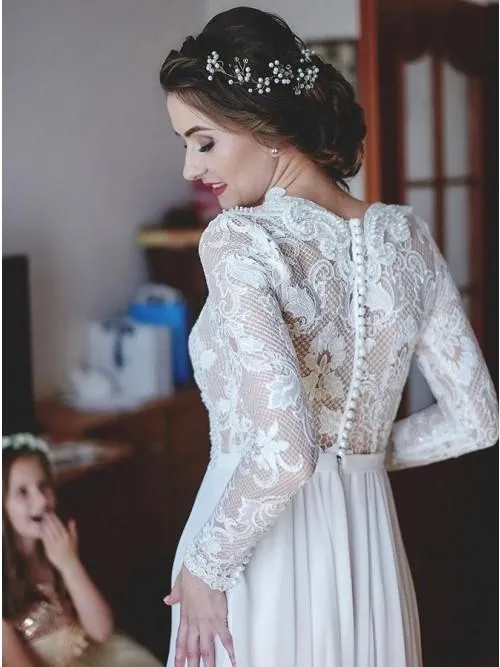 A-Line V-Neck Long Sleeves Sweep Train Chiffon Wedding Dress with Lace OHD033