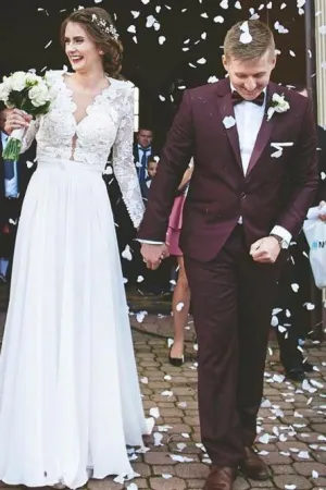 A-Line V-Neck Long Sleeves Sweep Train Chiffon Wedding Dress with Lace OHD033