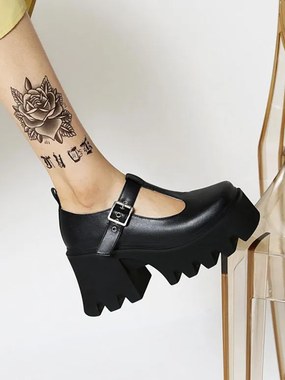 Academic Lolita Footwear Black PU Leather Wedge Heel Lolita Pumps