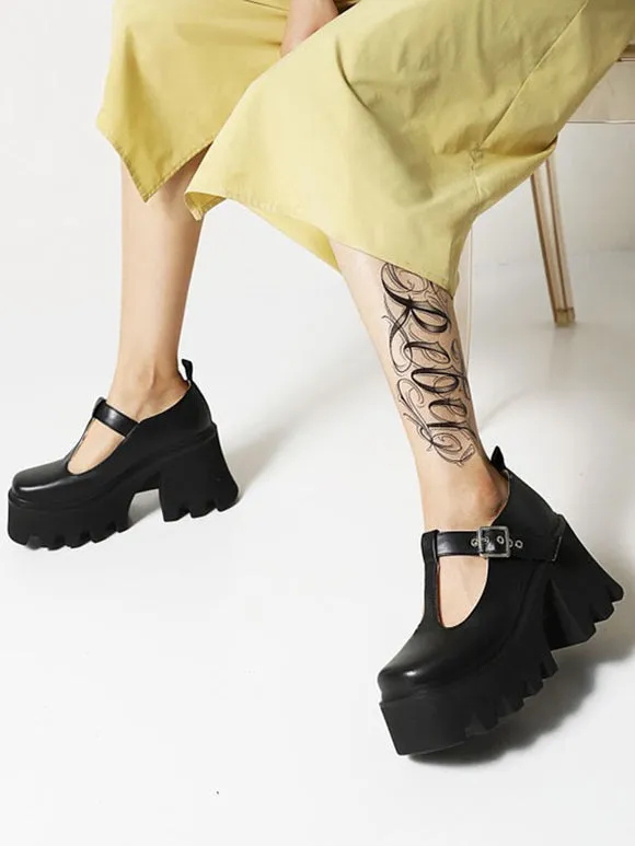 Academic Lolita Footwear Black PU Leather Wedge Heel Lolita Pumps