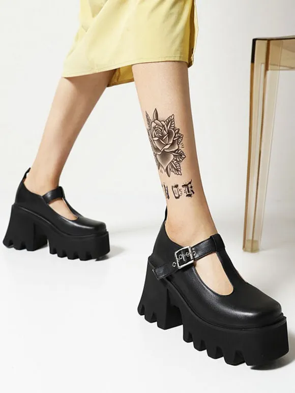 Academic Lolita Footwear Black PU Leather Wedge Heel Lolita Pumps