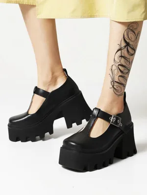 Academic Lolita Footwear Black PU Leather Wedge Heel Lolita Pumps