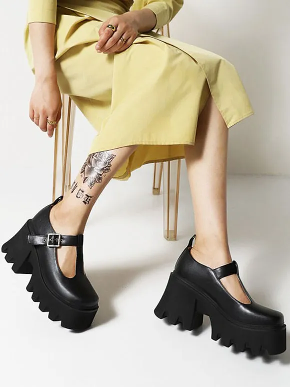 Academic Lolita Footwear Black PU Leather Wedge Heel Lolita Pumps