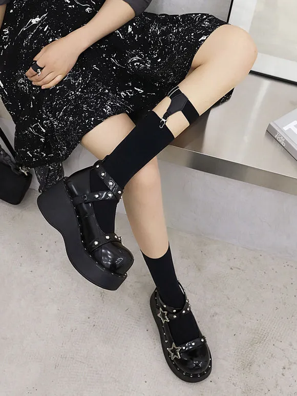 Academic Lolita Footwear Black PU Leather Wedge Heel Lolita Shoes