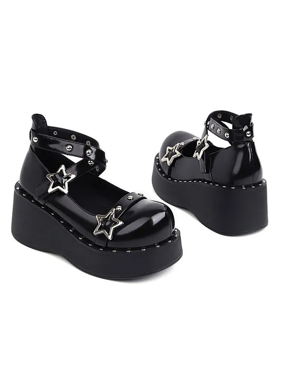 Academic Lolita Footwear Black PU Leather Wedge Heel Lolita Shoes