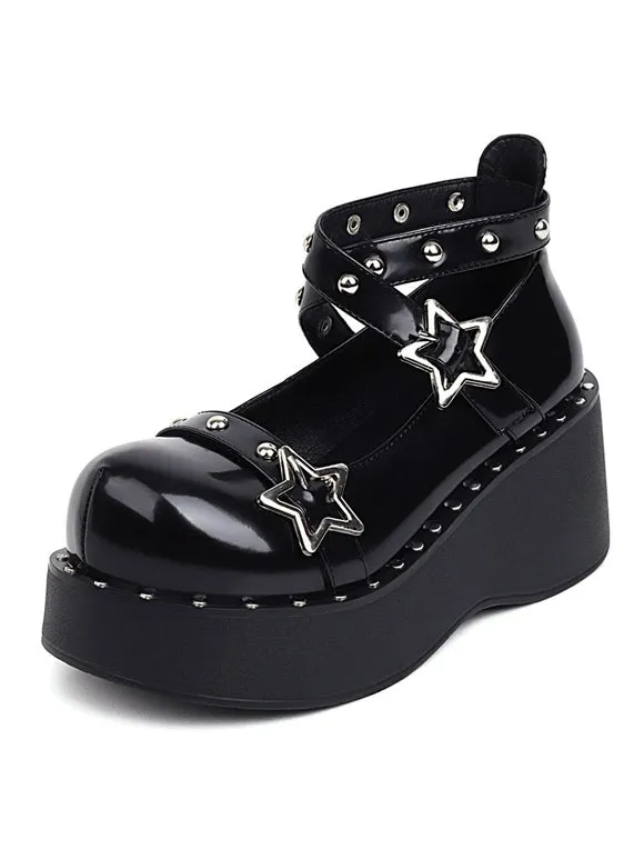 Academic Lolita Footwear Black PU Leather Wedge Heel Lolita Shoes