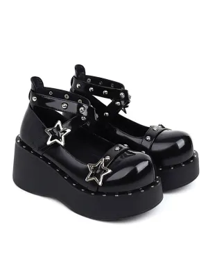 Academic Lolita Footwear Black PU Leather Wedge Heel Lolita Shoes