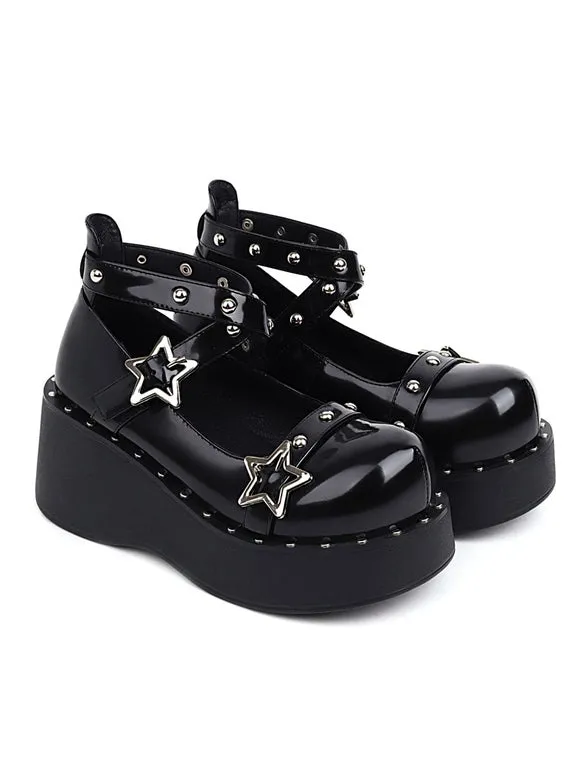 Academic Lolita Footwear Black PU Leather Wedge Heel Lolita Shoes