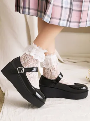 Academic Lolita Footwear Black Round Toe PU Leather Lolita Pumps