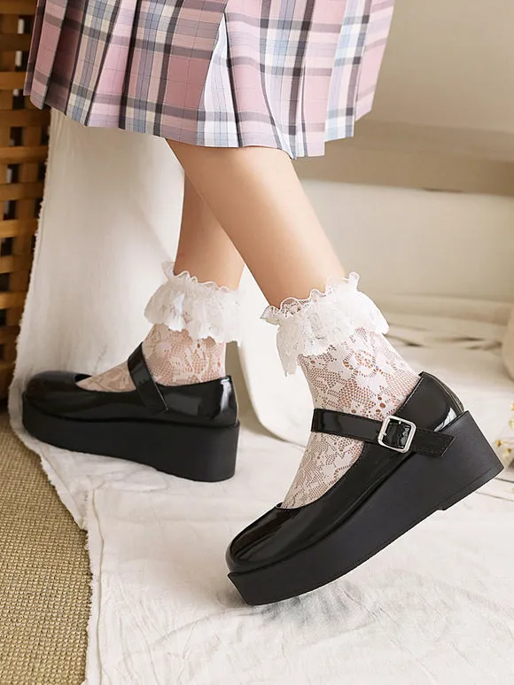 Academic Lolita Footwear Black Round Toe PU Leather Lolita Pumps