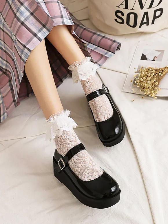 Academic Lolita Footwear Black Round Toe PU Leather Lolita Pumps