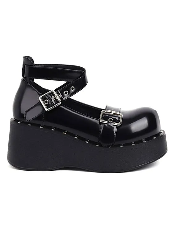 Academic Lolita Footwear Black Round Toe PU Leather Lolita Shoes