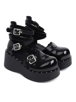 Academic Lolita Footwear Black Round Toe PU Leather Lolita Shoes