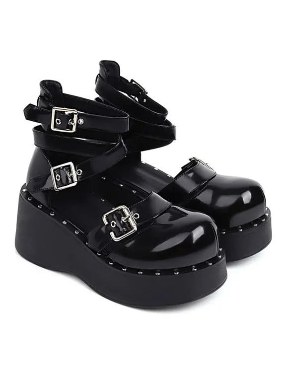 Academic Lolita Footwear Black Round Toe PU Leather Lolita Shoes