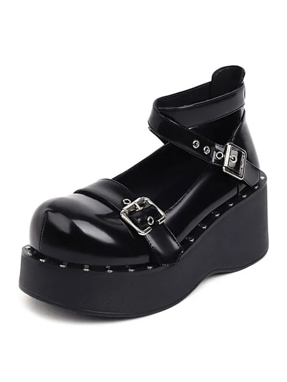 Academic Lolita Footwear Black Round Toe PU Leather Lolita Shoes