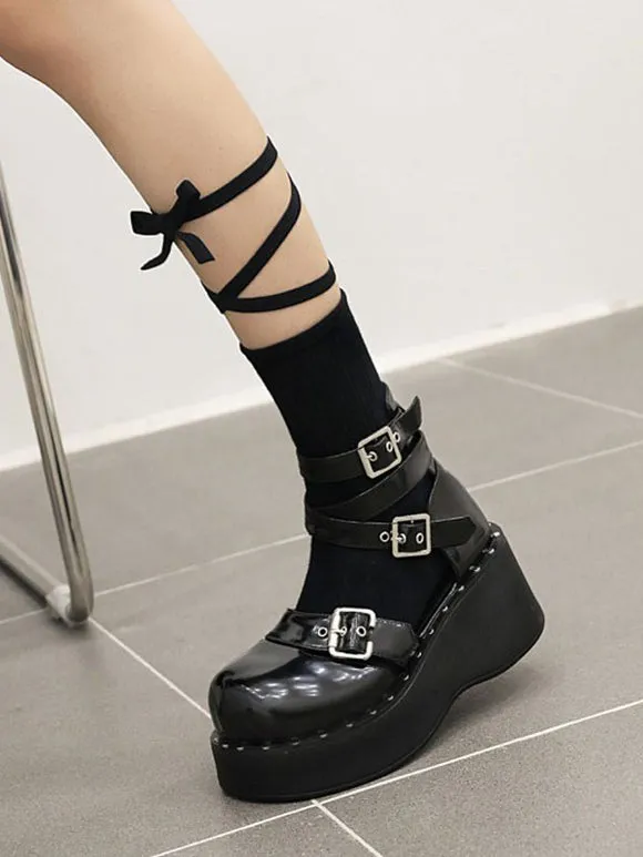 Academic Lolita Footwear Black Round Toe PU Leather Lolita Shoes