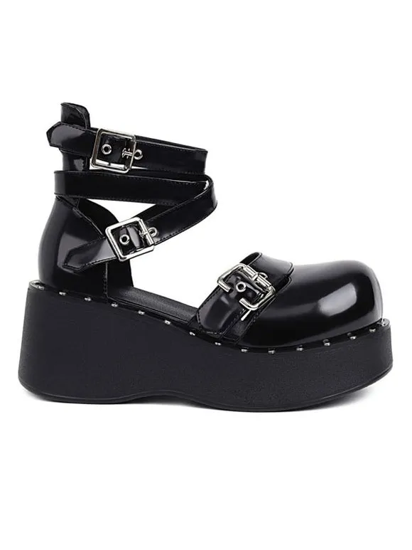 Academic Lolita Footwear Black Round Toe PU Leather Lolita Shoes