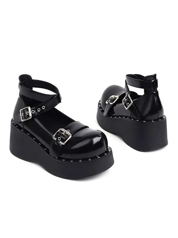 Academic Lolita Footwear Black Round Toe PU Leather Lolita Shoes