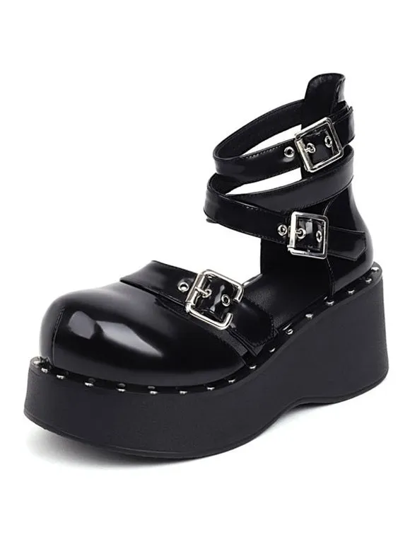 Academic Lolita Footwear Black Round Toe PU Leather Lolita Shoes
