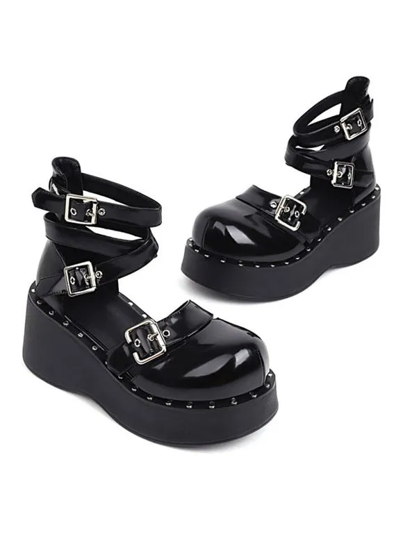 Academic Lolita Footwear Black Round Toe PU Leather Lolita Shoes