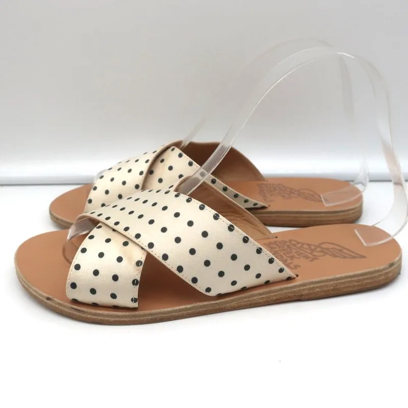 Ancient Greek Sandals Thais Crisscross Slides Cream Polka Dot Satin Size 38