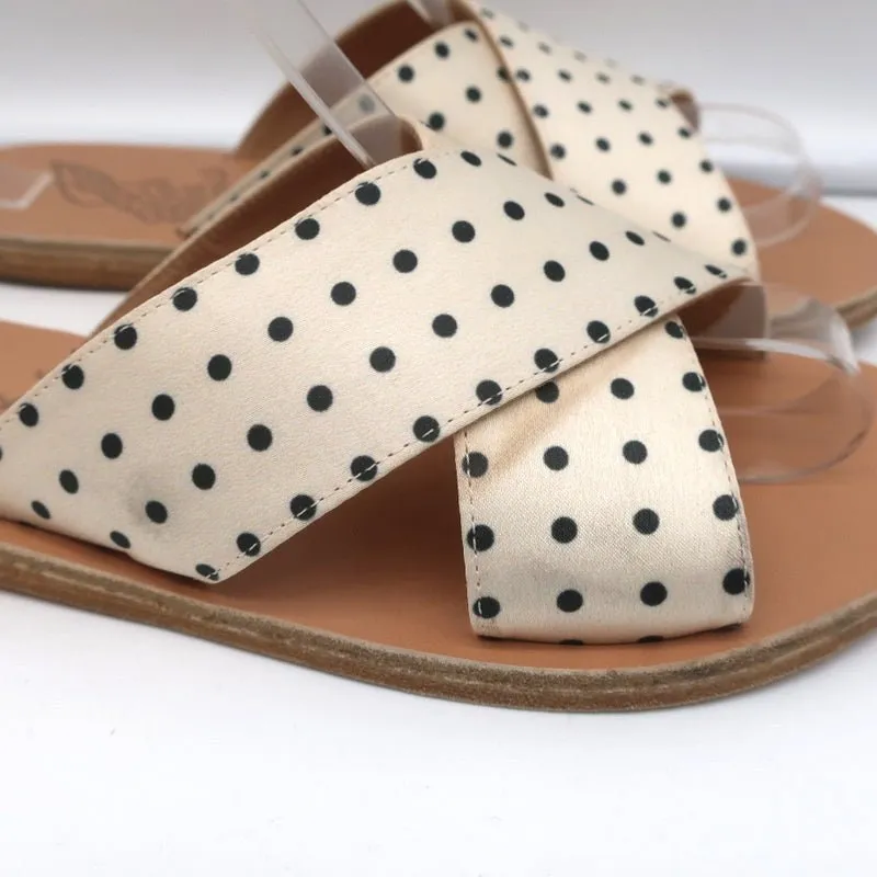 Ancient Greek Sandals Thais Crisscross Slides Cream Polka Dot Satin Size 38