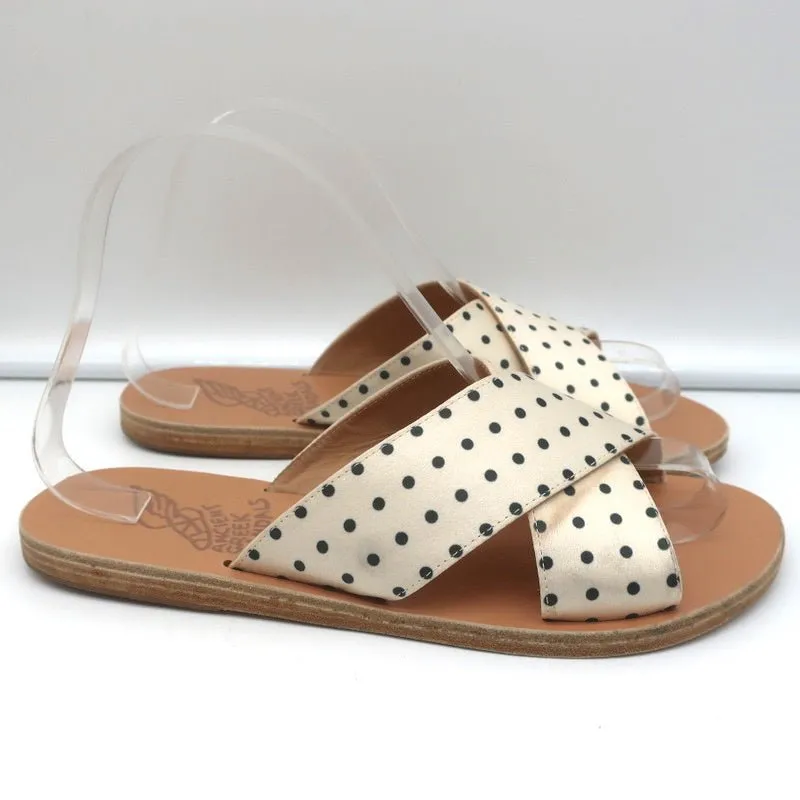 Ancient Greek Sandals Thais Crisscross Slides Cream Polka Dot Satin Size 38