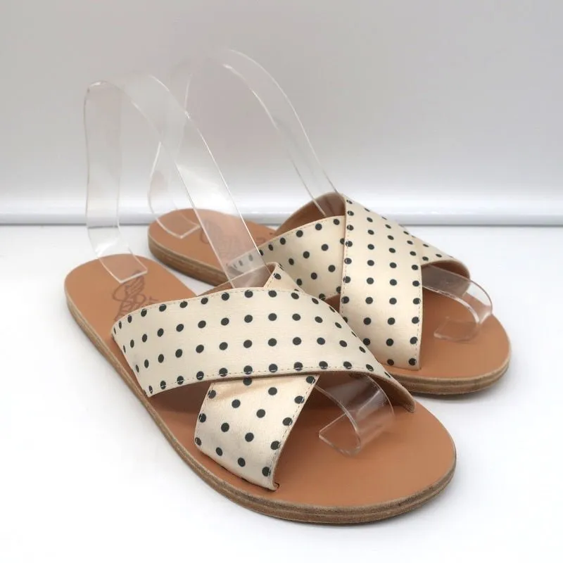 Ancient Greek Sandals Thais Crisscross Slides Cream Polka Dot Satin Size 38