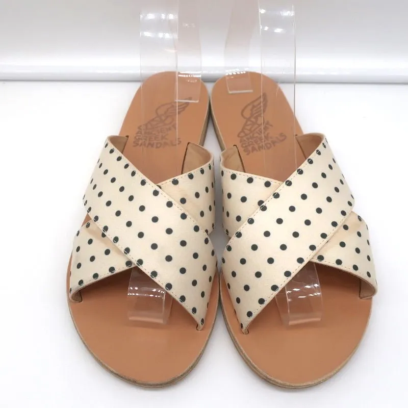 Ancient Greek Sandals Thais Crisscross Slides Cream Polka Dot Satin Size 38
