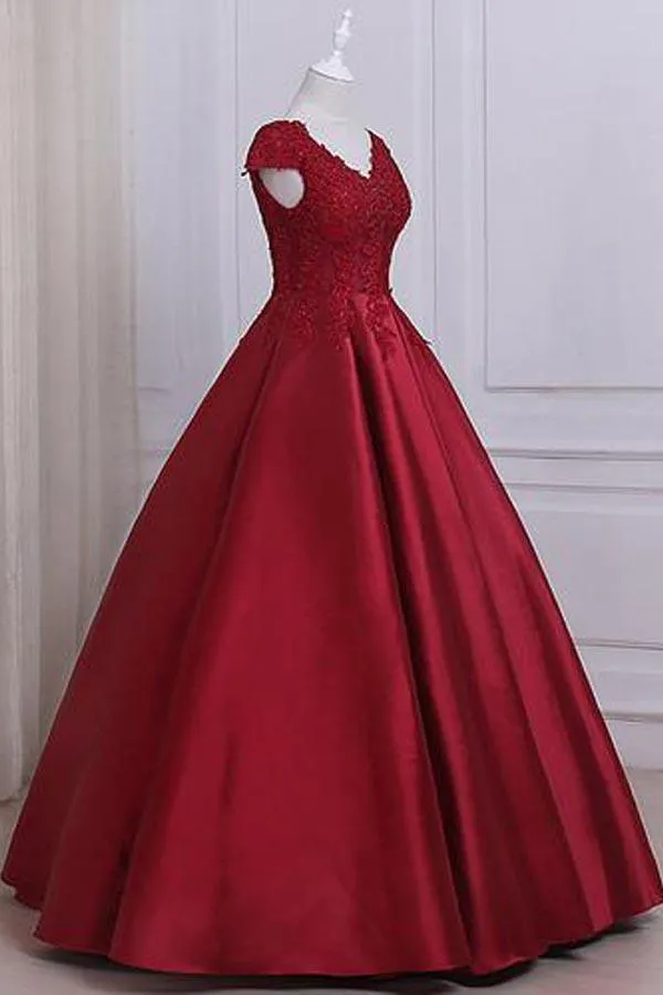 Ball Gown Cap Sleeves Red Lace A line Long Evening Prom Dresses PG584