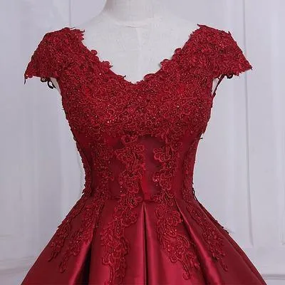 Ball Gown Cap Sleeves Red Lace A line Long Evening Prom Dresses PG584