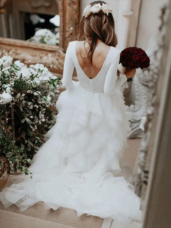 Ball Gown Simple Wedding Dress Sexy Open Back Long Sleeve Modest Wedding Dress Bridal Gown CA050