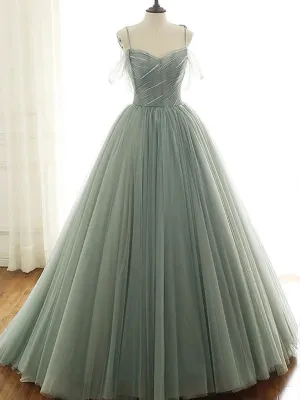 Ball Gown Spaghetti Straps Green Long Prom Dress Modest Tulle Formal Evening Dress CAP51234