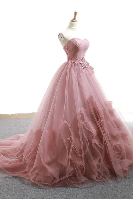 Ball Gown Sweetheart Appliques Blush Prom Dress Tulle Long Prom Evening Dress CAP51236