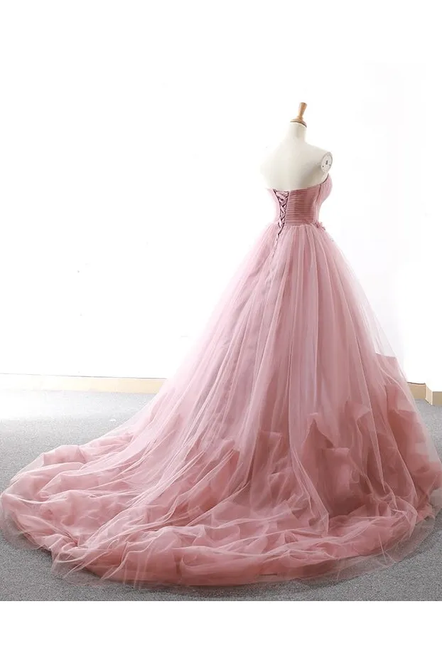 Ball Gown Sweetheart Appliques Blush Prom Dress Tulle Long Prom Evening Dress CAP51236