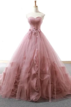 Ball Gown Sweetheart Appliques Blush Prom Dress Tulle Long Prom Evening Dress CAP51236