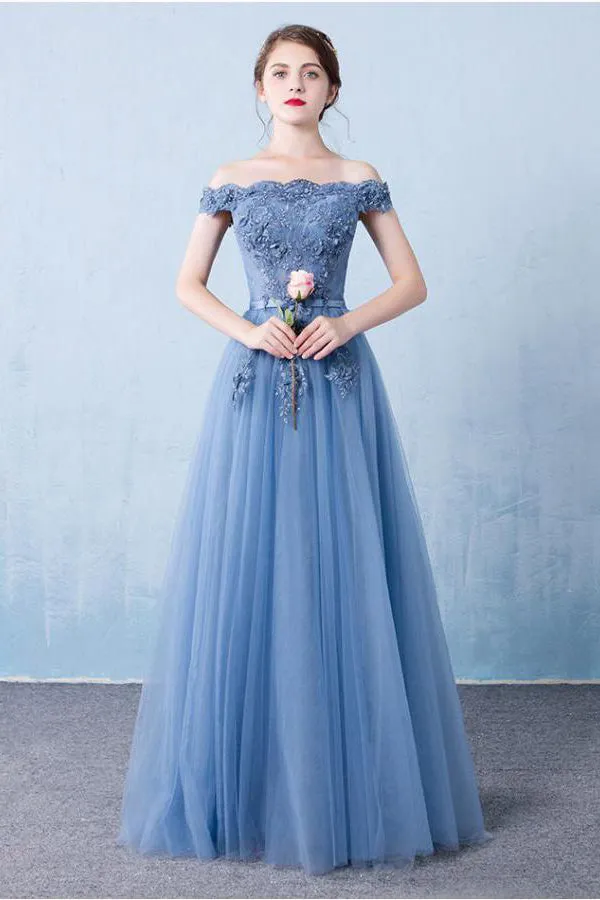 Beautiful A-line Off-the-shoulder Floor Length Sleeveless Long Tulle  Prom Dress/Evening Dress OHC135