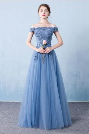 Beautiful A-line Off-the-shoulder Floor Length Sleeveless Long Tulle  Prom Dress/Evening Dress OHC135
