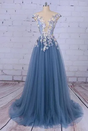 Beautiful A Line Scoop Sweep/Brush Train Sleeveless Flowers Appliques Long Tulle Prom Dress/Evening Dress OHC126