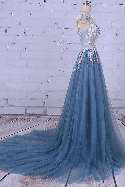 Beautiful A Line Scoop Sweep/Brush Train Sleeveless Flowers Appliques Long Tulle Prom Dress/Evening Dress OHC126
