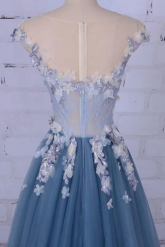 Beautiful A Line Scoop Sweep/Brush Train Sleeveless Flowers Appliques Long Tulle Prom Dress/Evening Dress OHC126