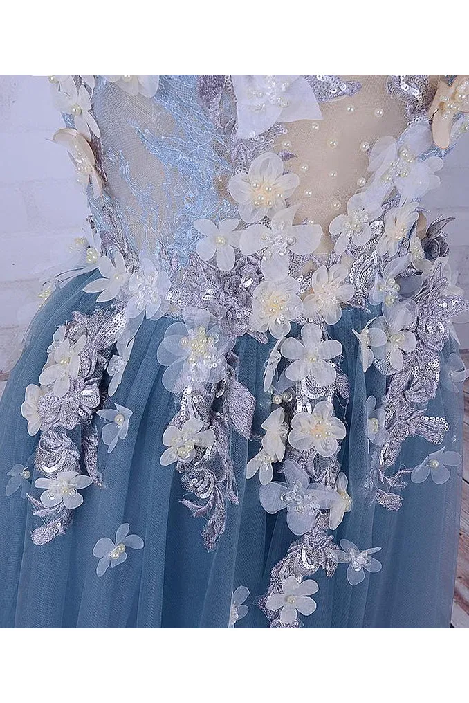 Beautiful A Line Scoop Sweep/Brush Train Sleeveless Flowers Appliques Long Tulle Prom Dress/Evening Dress OHC126