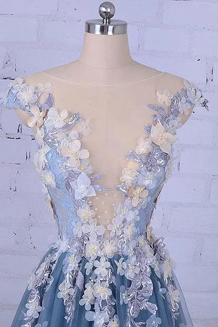Beautiful A Line Scoop Sweep/Brush Train Sleeveless Flowers Appliques Long Tulle Prom Dress/Evening Dress OHC126