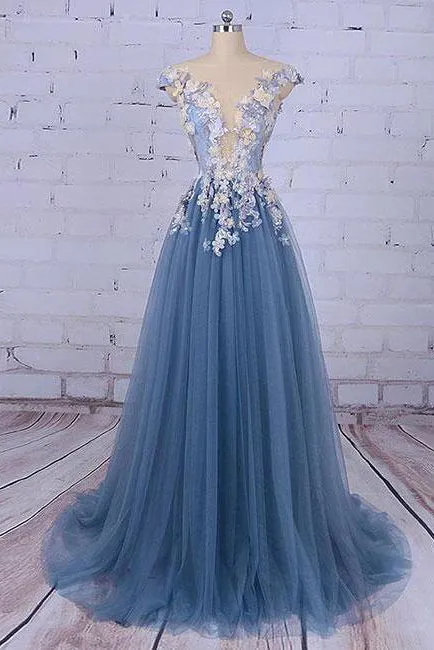 Beautiful A Line Scoop Sweep/Brush Train Sleeveless Flowers Appliques Long Tulle Prom Dress/Evening Dress OHC126