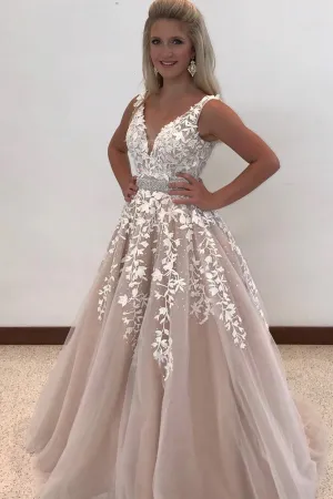 Beautiful A Line Tulle Long V Neck Senior Prom Dress Long Appliques Evening Dress OHC495