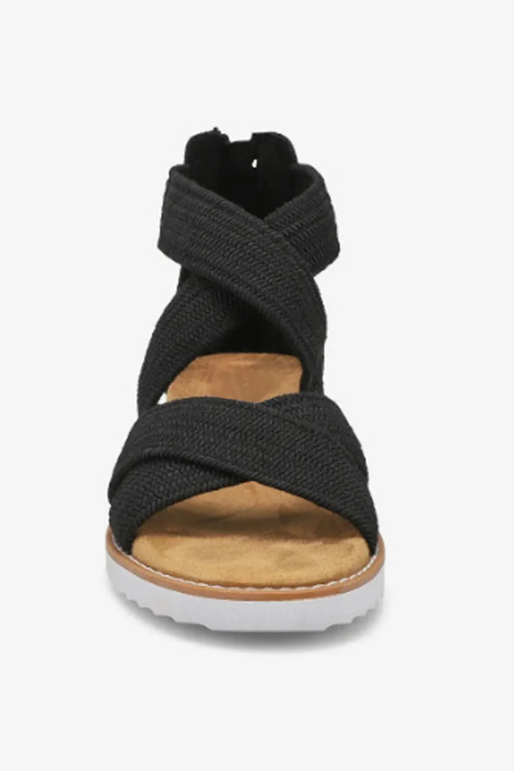 Beige Criss Cross Strappy Zipped Low Wedge Sandals