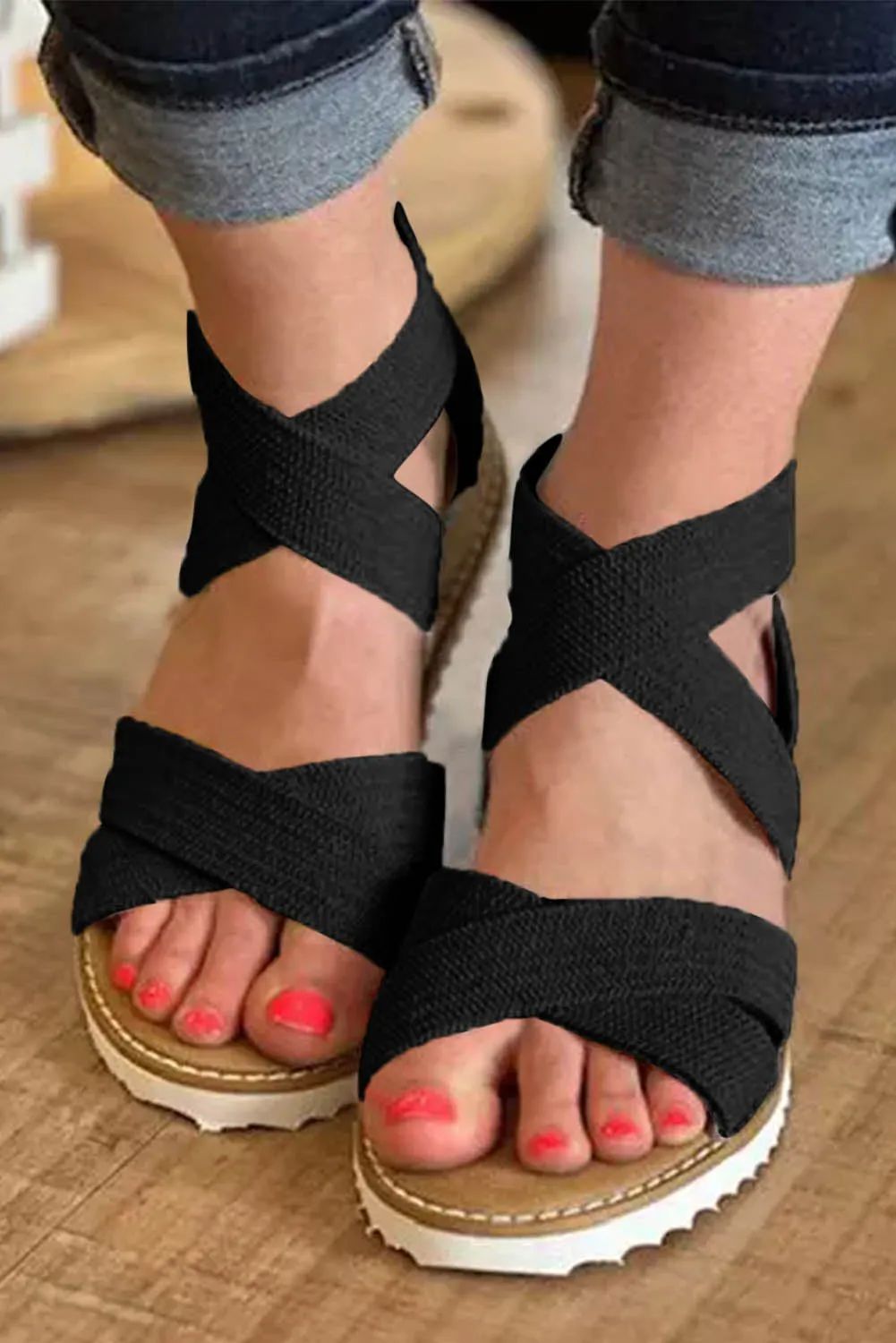 Beige Criss Cross Strappy Zipped Low Wedge Sandals